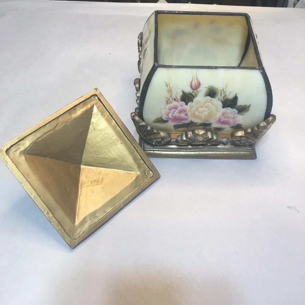 VTG Storage Box Or Tea Lite Holder With Handpainted Roses Cottage Shabby Chic